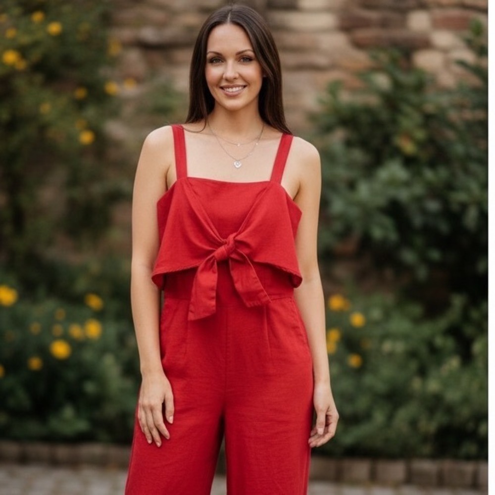 Abercrombie & Fitch Red Tie Front Wide Leg Jumpsuit Small Tall Resortwear Sumer